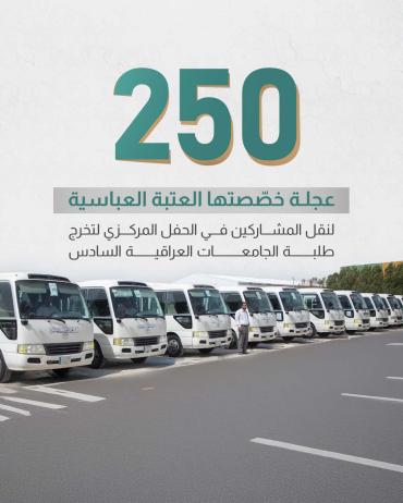 250 عجلة خصّصتها العتبة العباسية لنقل المشاركين في الحفل المركزي لتخرج طلبة الجامعات العراقية السادس