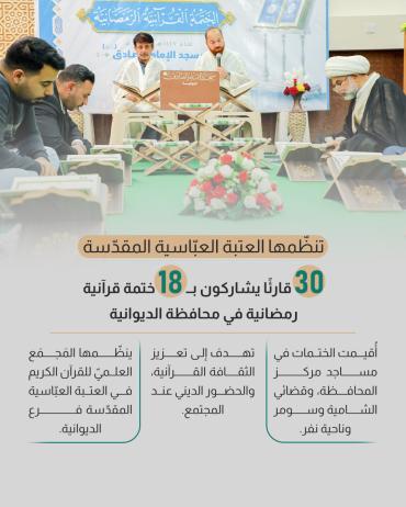30 قارئًا يشاركون بــ 18 ختمة قرآنية رمضانية في محافظة الديوانية