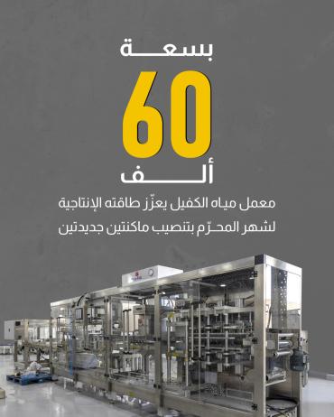 بسعة 60 ألف قدح في الساعة معمل مياه الكفيل يعزّز طاقته الإنتاجية لشهر المحرّم بتنصيب ماكنتين جديدتين