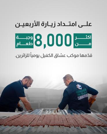  أكثر من 8 آلاف وجبة طعام قدّمها موكب عشاق الكفيل يوميا للزائرين.