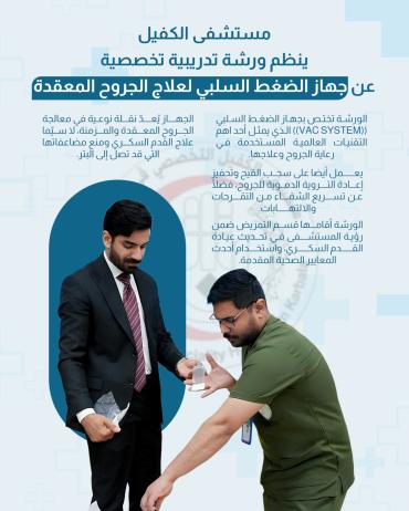 مستشفى الكفيل ينظم ورشة تدريبية تخصصية عن جهاز الضغط السلبي لعلاج الجروح المعقدة 