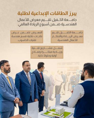 جامعة الكفيل تقيم معرض للأعمال الهندسية ضمن أسبوع الريادة العالمي. 