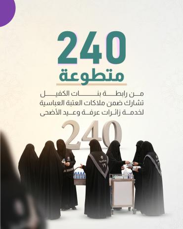 240 متطوعة من رابطة بنات الكفيل تشارك ضمن ملاكات العتبة العباسية لخدمة زائرات عرفة وعيد الأضحى