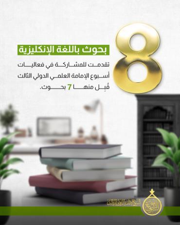 8 بحوث  باللغة الإنكليزية تقدمت للمشاركة في فعاليات أسبوع الإمامة العلمي الدولي الثالث قُبِل منها 7 بحوث.