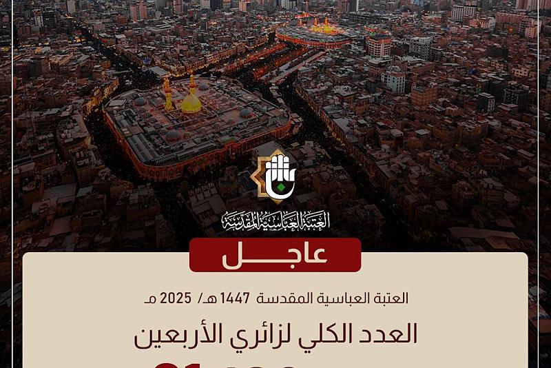 العتبة العبّاسية المقدّسة تعلن عدد المشاركين في إحياء زيارة الأربعين لعام ١٤٤٧هـ / ٢٠٢٥م بلغ (21,103,524) زائراً