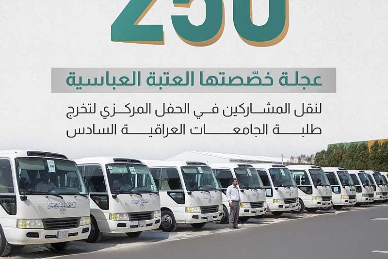 250 عجلة خصّصتها العتبة العباسية لنقل المشاركين في الحفل المركزي لتخرج طلبة الجامعات العراقية السادس