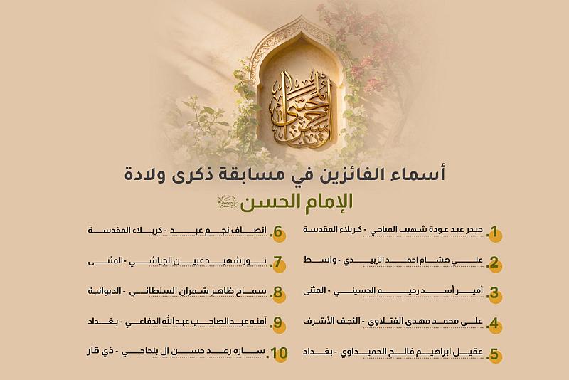العتبة العباسية المقدسة تعلن أسماء الفائزين بمسابقة ذكرى ولادة الإمام الحسن المجتبى (عليه السلام)