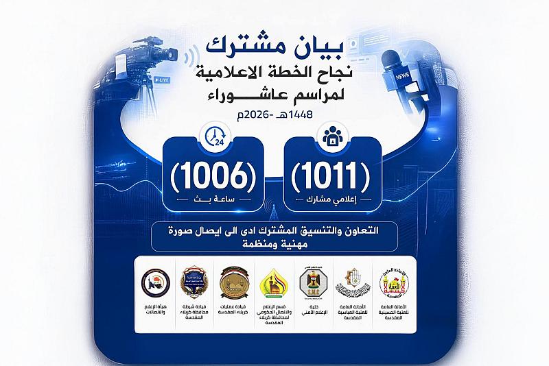 كربلاء المقدسة.. نجاح الخطّة الإعلامية لزيارة عاشوراء.. أكثر من 1006 ساعات بثّ مباشر و1011 إعلاميّاً شاركوا في التغطية