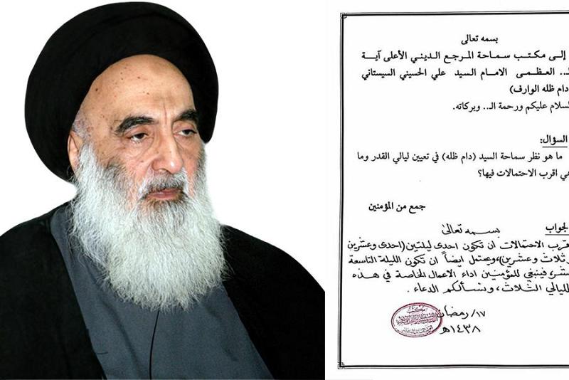 تعيين ليالي القدر عند السيد السيستاني(دام ظلّه الوارف)..