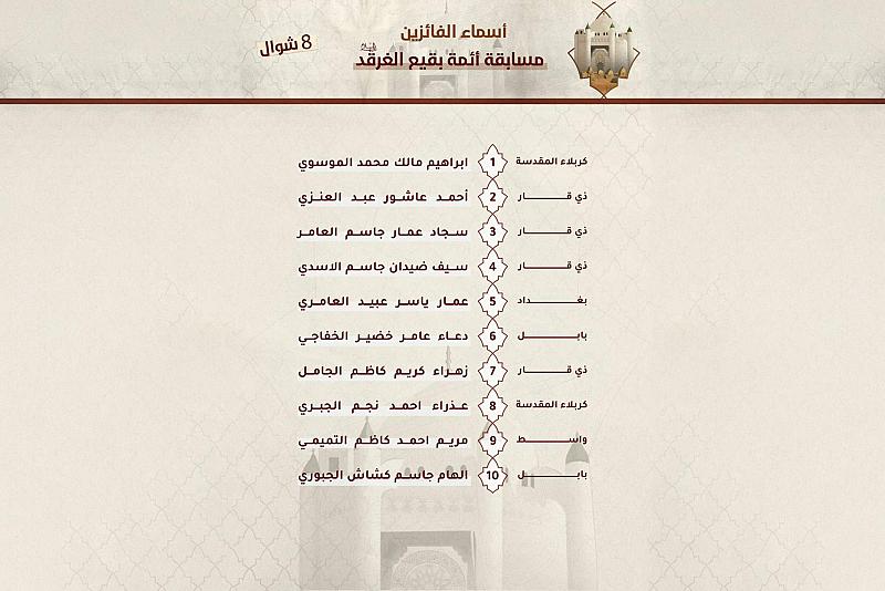 العتبة العباسية تعلن أسماء الفائزين بمسابقة أئمة البقيع (عليهم السلام)