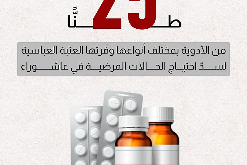 25 طنًّا من الأدوية بمختلف أنواعها وفّرتها العتبة العباسية لسدّ احتياج الحالات المرضية في عاشوراء