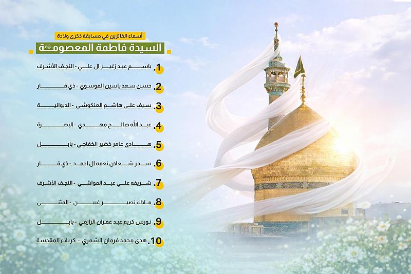العتبة العباسية المقدسة تعلن أسماء الفائزين بمسابقة ذكرى ولادة السيدة فاطمة المعصومة (عليها السلام)