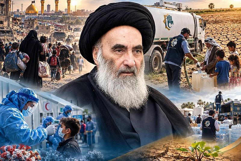 عقد من العطاء العابر للأزمات: مرجعية النجف الأشرف  بمواجهة النزوح والجائحة والجفاف